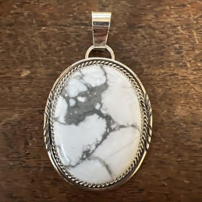 Native American Navajo Large White Howlite Pendant Stunning Sterling Zuni #L7