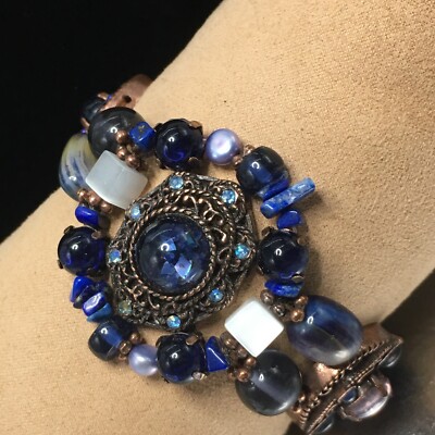 Robert Rose Blue Stretch Bracelet Rhinestone Moonstone AS IS