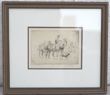 Fine Antique Art Etching Print On Paper Of Horses & Dog Signed By The Artist