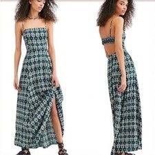 Free People Milana Dress Maxi Open Back Woven Boho Green Geometric Size 4