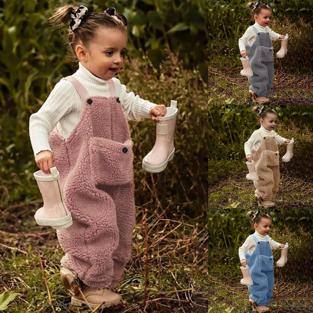 Toddler Kids Baby Girl Boys Solid Flannel Suspender Pants Overalls Warm Winter
