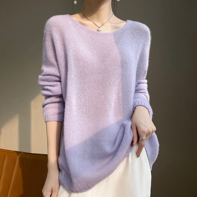 77% Cashmere 23% Mulberry Silk Thin Round Neck Loose Sweater Women Lazy Sweater
