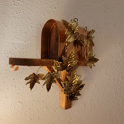 Home Interior Copper Brass and Wood Mailbox with Leaves Shelf Wall Decor 12''x12''