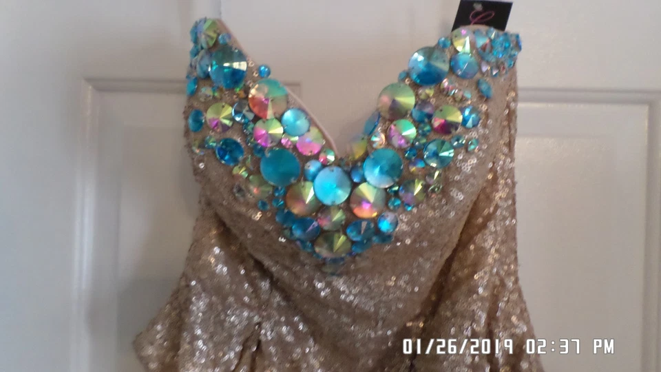 ¡NUEVO CON ETIQUETAS! VESTIDO DE GRADUACIÓN FORMAL DESNUDO GRADUACIÓN/PAGENTE LENTEJUELAS JOYA CORTO SIN TIRANTES TALLA 10 Foto 2 de 4