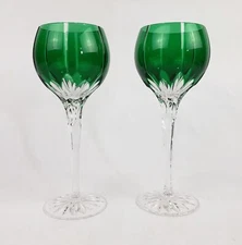 2 Ajka Hungarian Castille Albinka Emerald Green Cut to Clear Crystal Wine Glass 