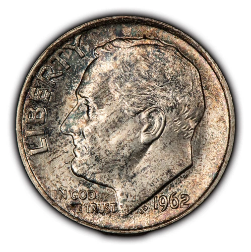 1962 10c Roosevelt Silver Dime - Textured Rainbow Toning - BU - SKU-Y5376
