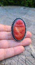 Navajo Sterling Silver Red Spiny Oyster Shell Ring signed:AB Size:10