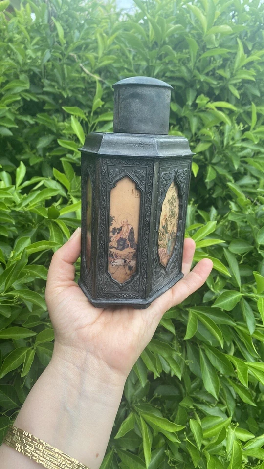 Caddy de chá de vidro pintado reverso chinês do século XIX estanho Swatow City - Imagem 3 de 4