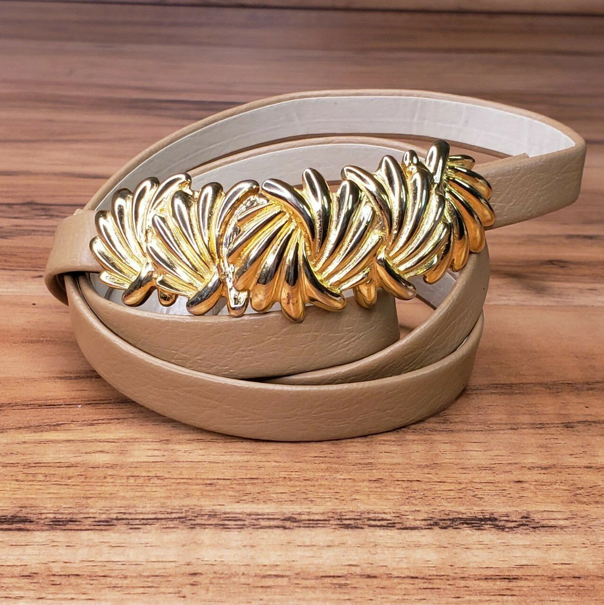 Vintage Gay Boyer Leaf Interlocking Belt Buckle Brushed Gold Tone Dimensional