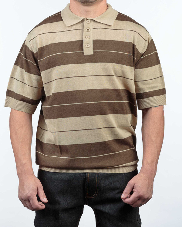 [MONOHA] / ☆ 25SS Striped cotton polo shirt / brown BJ23HC24_BEIG_PD-
