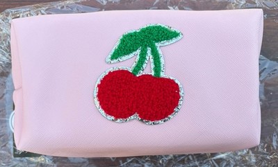 Gina Concepts Pink Cherry Cosmetic Makeup Bag Chenille Patch Bonus Comb NWT
