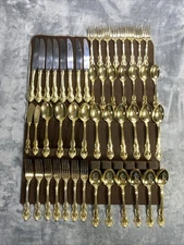 Vintage RETRONEU STEPHANIE Gold Accent Stainless Japan Flatware 48 Piece RARE