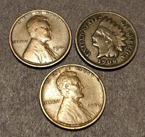 1909 VDB & 1909-P Lincoln Cent 1909-P Indian Head Cent - Nice 3 Coin Lot VG-XF+