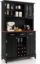 Kitchen Cabinet Buffet Cupboard Glass Door Drawers Wine Rack Wood Storage Unit