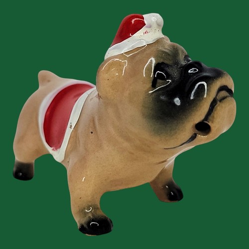 Bulldog Vintage Ceramic Christmas Ornament, Santa Hat & Sweater, Dog Figurine - Picture 4 of 11
