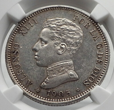 1905 SPAIN Spanish King ALFONSO XIII Genuine Silver 2 Pesetas Coin