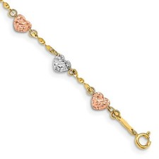14k Gold TriColor 3 Tone Rose White Pink Yellow Diamond Cut Heart Fine Bracelet