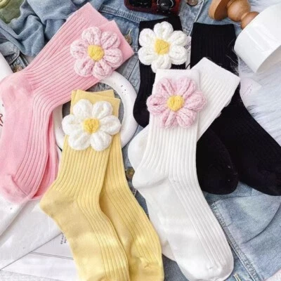 GLMMD Girls Ladies Fashion 3D Knit Flower Women’s Socks Trendy Soft Top Socks 3-7 UK