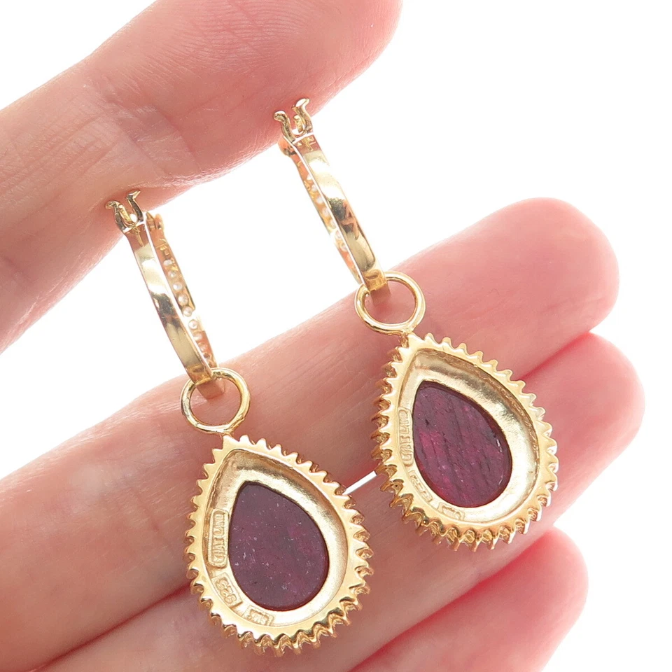 925 Sterling Silver Gold Plated SMK Real Diamond & Ruby Gem Hoop Dangle Earrings - Image 2 of 4