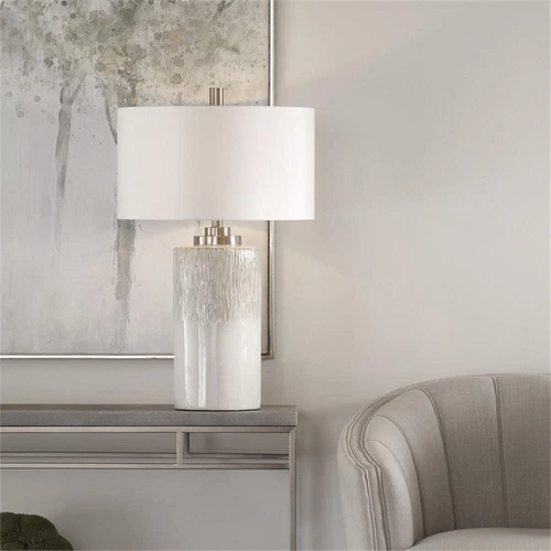 Uttermost Georgios Iron Ceramic and Linen Cylinder Table Lamp in Aged White - Picture 8 of 11