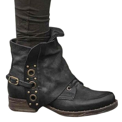 Botas al tobillo de vaquero góticas de cuero sintético con cremallera de tacón bajo para mujer