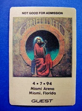 Grateful Dead Backstage Pass Miami Florida FL 4/7/94 4/7/1994 Blues For Allah