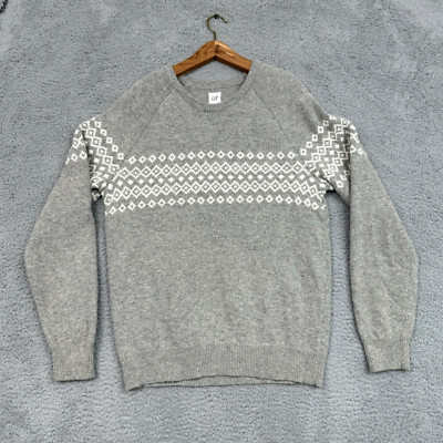Gap Sweater Mens M Grey Extra Fine Merino Wool Fair Isle Pullover Casual Warm