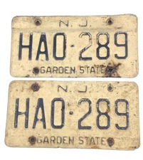 New Jersey Vintage 1960s License Plate Matching Pair Set HAO-289 Non Reflective