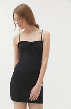 Urban Outfitters Women's Black Ribbed Short Mini Dress Ruffle and Tie Size Large