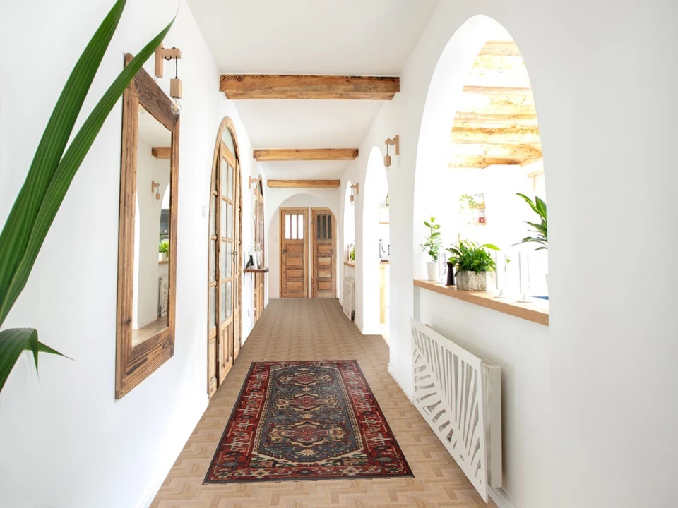 Gray Blue Geometric Runner Rug 3x8 Hand-knotted Wool Oriental Hallway Carpet - Image 2 of 4