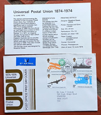 UPU POSTAL UNION CENTENIAL 1974 MAIL TRANSPORT TRUCK PLANE ENGLAND FDC+INFO CARD