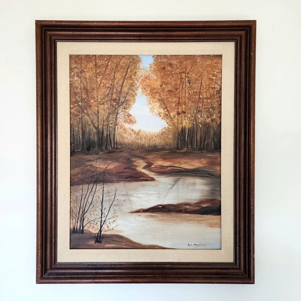 Original Oil Painting Autumn Forest River Scene on Canvas Framed 1970s Art - Image 4 of 4