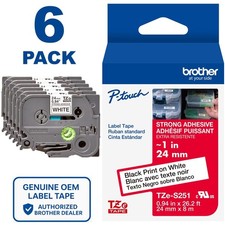 Genuine Brother TZe-S251 Strong Adhesive Black on White 1" Label Tape 6-PACK 