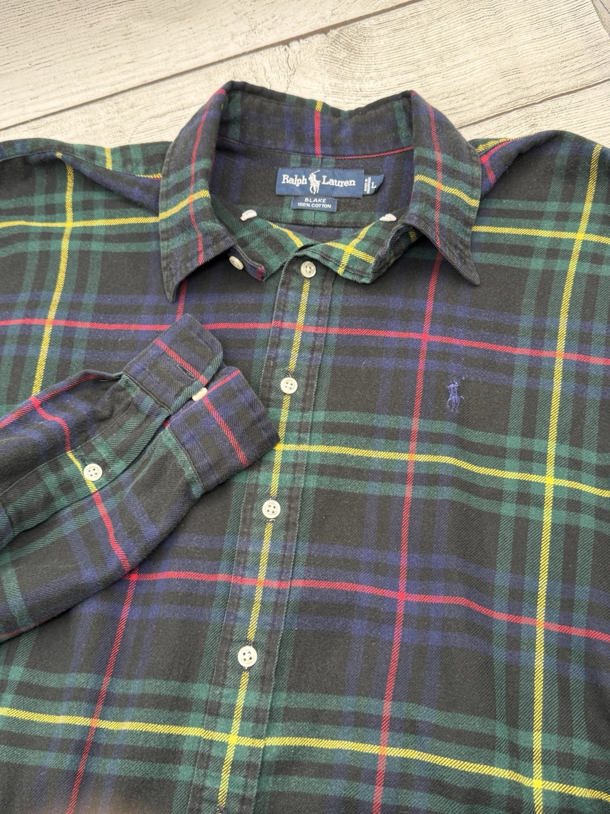 Polo Ralph Lauren Shirt Mens L Blake Long Sleeve Green Red Plaid VTG