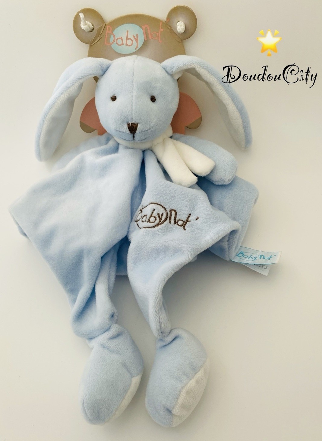 Doudou plat mouchoir lapin Babynat Layette bleu pour nouveau-né