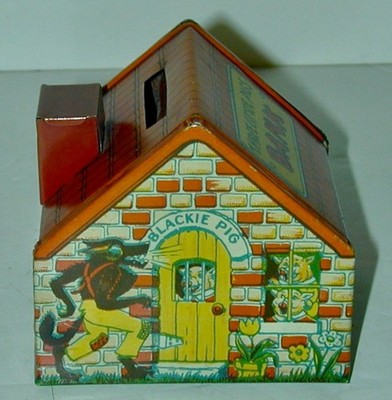 J. Chein Three Little Pigs Lithographed Tin Still Bank Brick House Big Bad Wolf