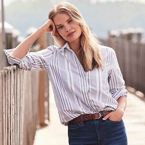 Lands End Blue & White Striped Button Up Top Size Medium 100% Cotton Casual