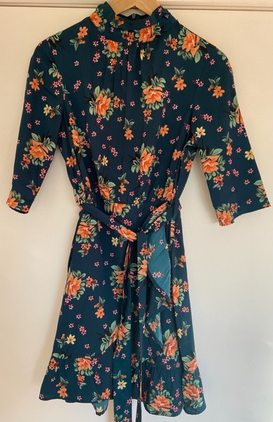 Influence Floral Green Belted Mini Dress with High Neck and Wrap Skirt  - Size 8