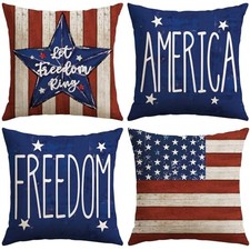 4th of July Patriotic Throw Pillow Covers 18x18 18" x 18" Pack of 4 Red blue