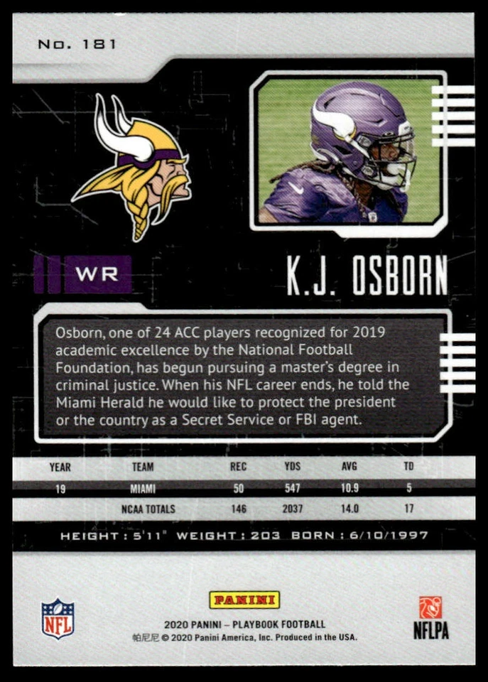 2020 Panini Playbook #181 K.J. Osborn Minnesota Vikings Rookie - Image 2 of 2