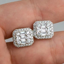 Men's Real Solid 925 Sterling Silver Baguette CZ Hip Hop Earrings Screw Back