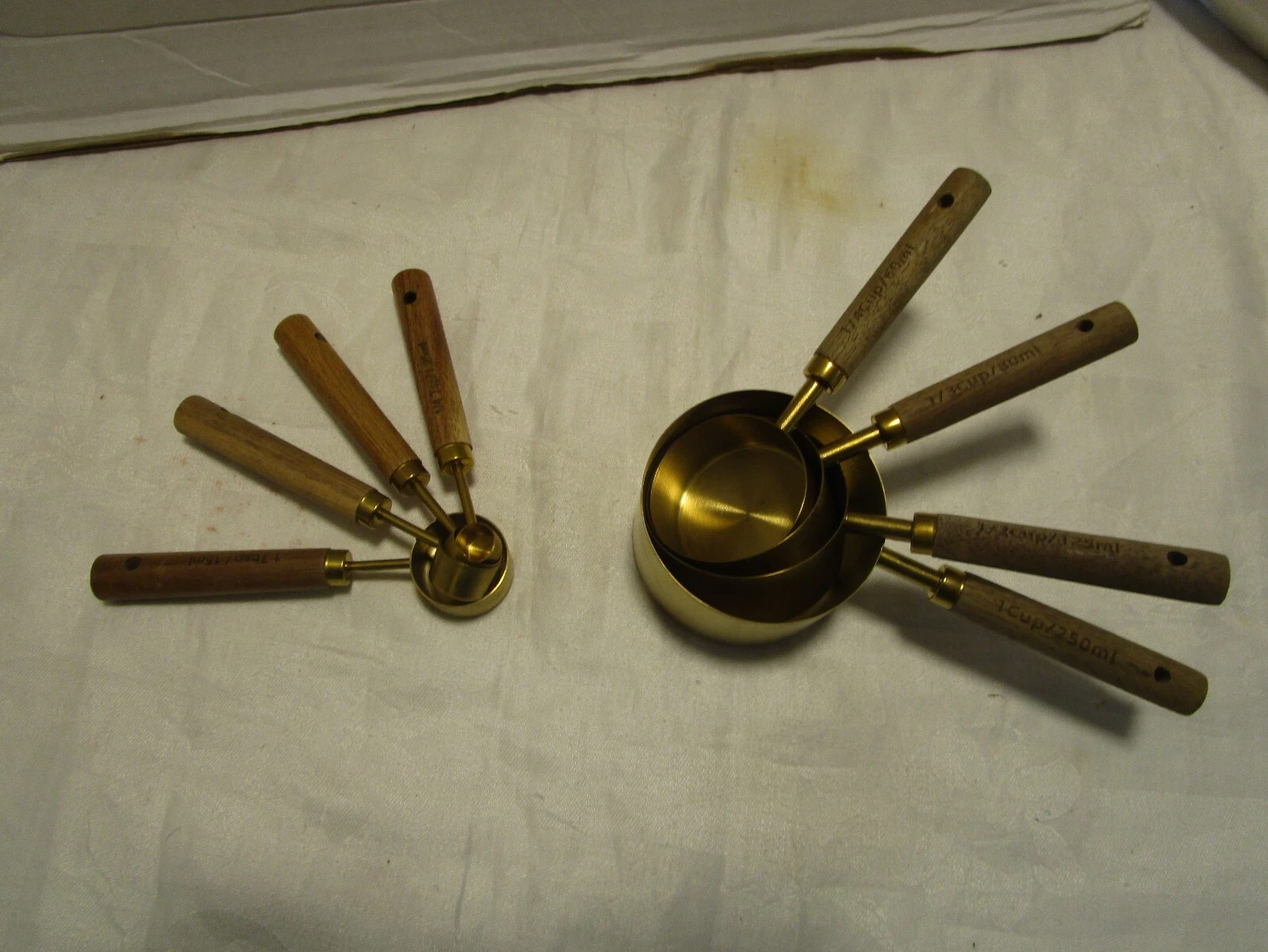 Vintage Stainless Steel copper tone Measuring 8 Pc. Cups & Spoons Wood handles