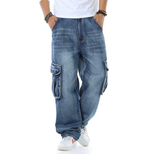Jeans uomo tinta unita classici relaxed fit pantaloni cargo grandi alti larghi robusti - Foto 13 di 17