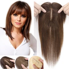 Women Topper REAL Human Hair Top Toupee Piece Clip in REMY Hairpiece with bangs