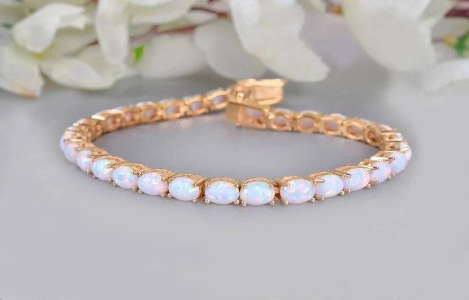 Pulseira de tênis oval 16 quilates de opala de fogo criada em laboratório em ouro amarelo 14K acima de 925-7" - Imagem 4 de 4