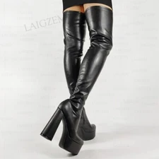 Women Thigh High Boots Thick Chunky Heels Boots Over Knee Height Increase Shoes