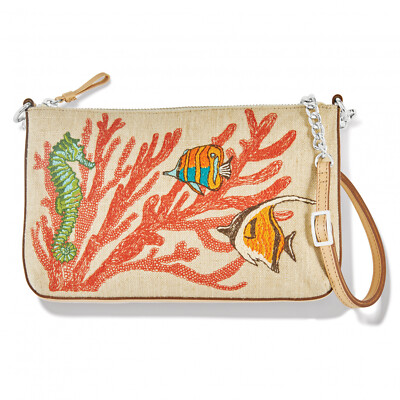 NWT Brighton PARADISE COVE Embroidered Pouch Bag Nautical Seahorse Fish MRP $215