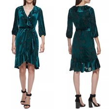 NEW CALVIN KLEIN Pine Green VELVET Burnout FLORAL Ruffled COCKTAIL Luxe DRESS 8