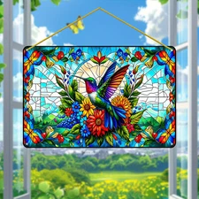 Hummingbirds and Flowers Garden Window Decorations Hanging Decorative Wall Signs