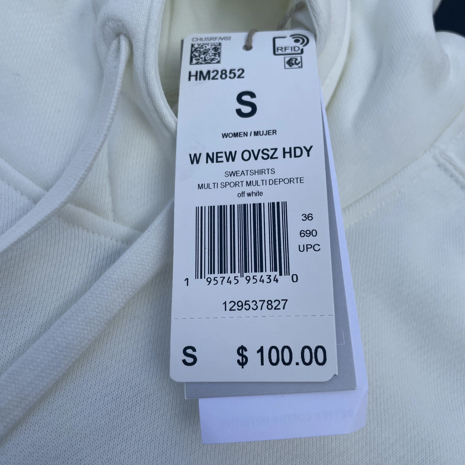 OFF WHITE Felpa con cappuccio Adidas donna S leggera bianca panna HM2855